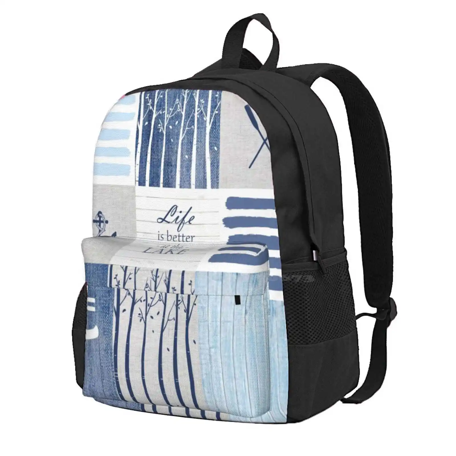 Life Is Better At The Lake Patchwork Hot Sale Schoolbag Backpack Fashion Bags Faux Patchwork Lake Time Lakeside Blue White