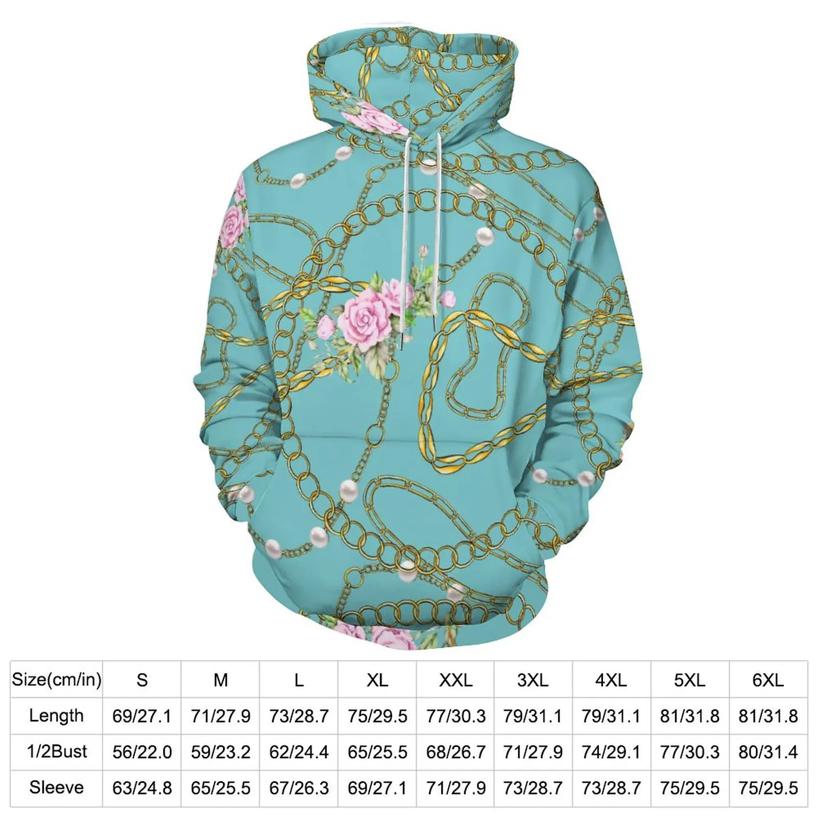 Golden Chains Hoodies Long Sleeve Pink Floral Print Elegant Casual Pullover Hoodie Autumn Hip Hop Oversize Loose Sweatshirts