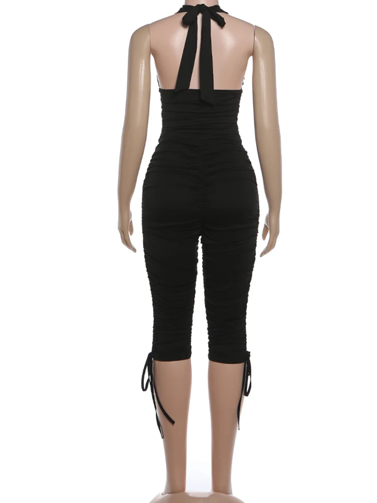 Kliou Casual Fashion 2 Piece Set Woman Lace-Up Halter Backless Tank Tops+Skinny Shirring Design Shorts High Street Style Suits