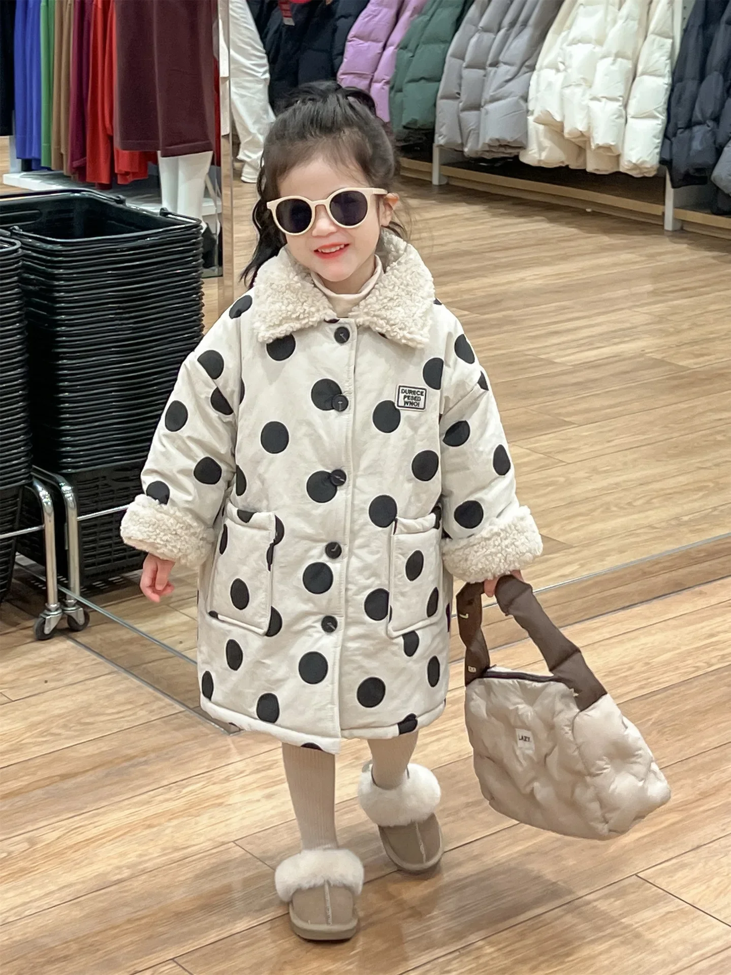 2024 Winter Baby Girls Coat Cute Dot Thickened Warm Imitation Rabbit Hair Cotton Mid Length Coat