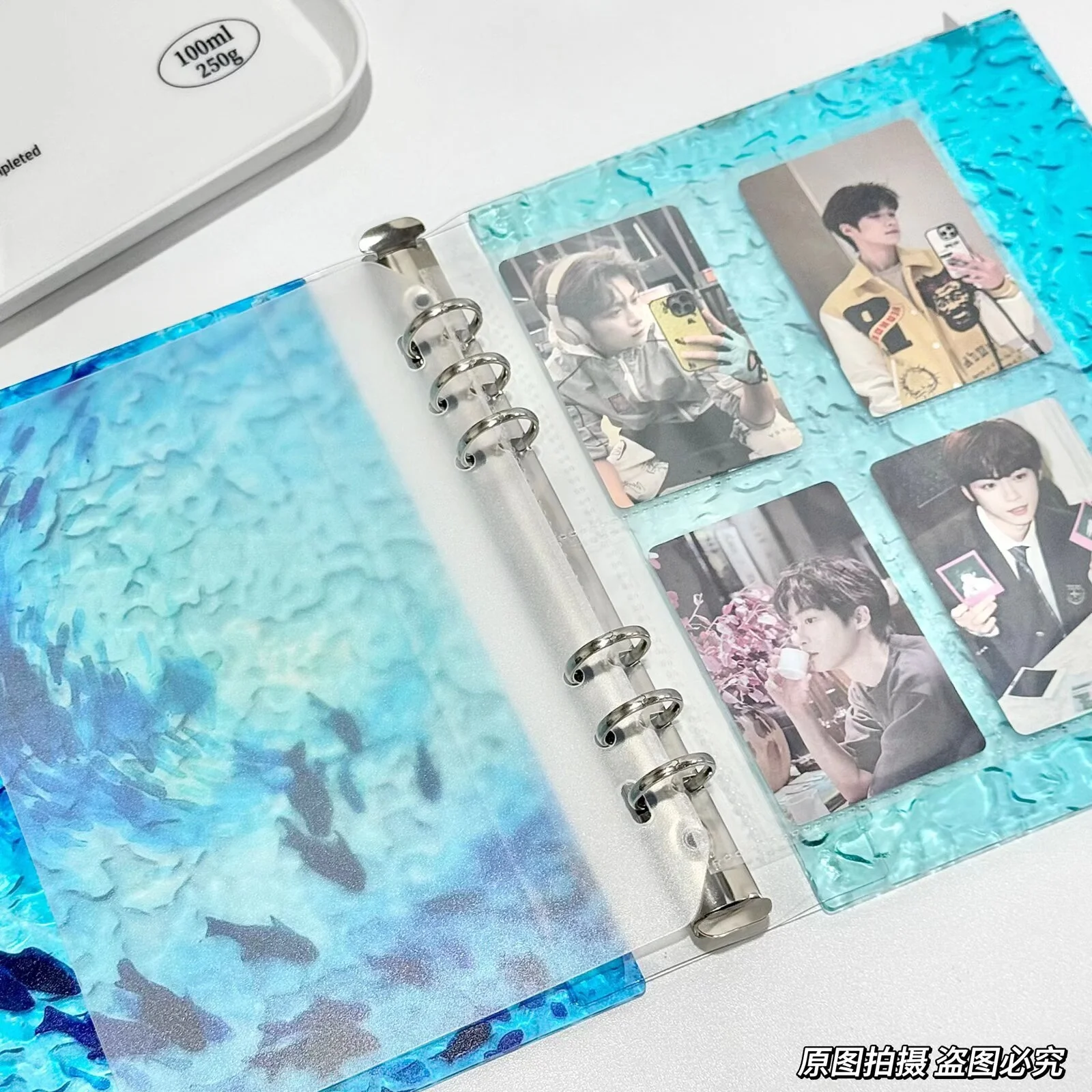 A5 4-Pocket Acrylic Loose Leaf Photocard Binder Water Ripple Fish Gradient Design for 3 Inch Card Storage Album