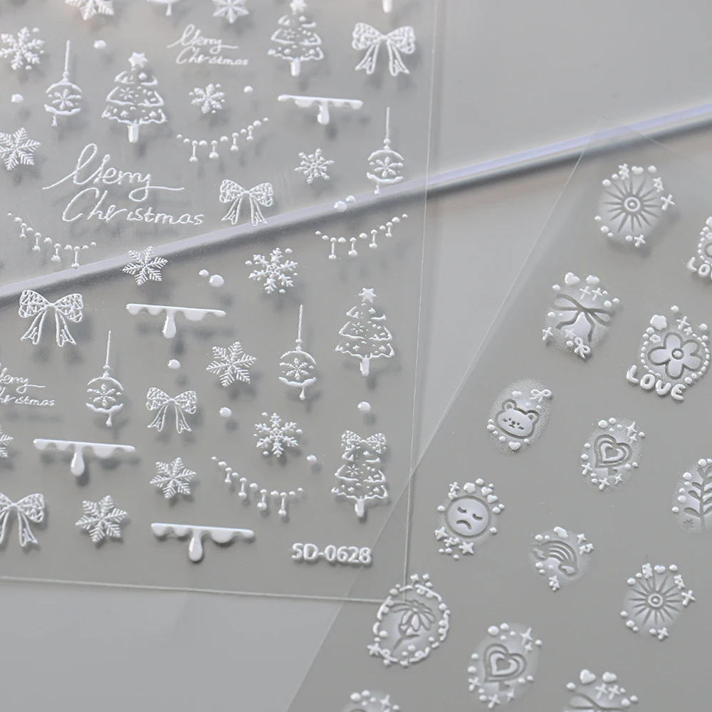 5D encaje blanco en relieve Navidad Nail Art pegatina copo de nieve árbol de Navidad calcomanías de uñas 10X8cm flor Bowknot pegatinas para uñas