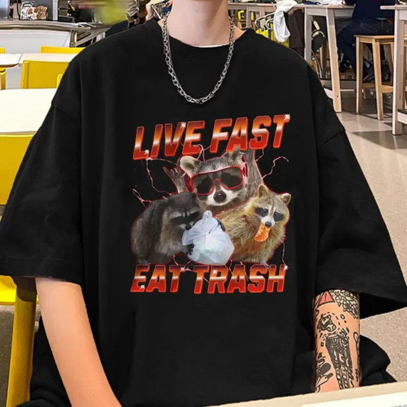 

Raccoon Retro Bootleg T-shirt Male 9Os Style Fashion Opossum Live Fast Eat Trash Funny Graphic Print T Shirts Oversized Tees