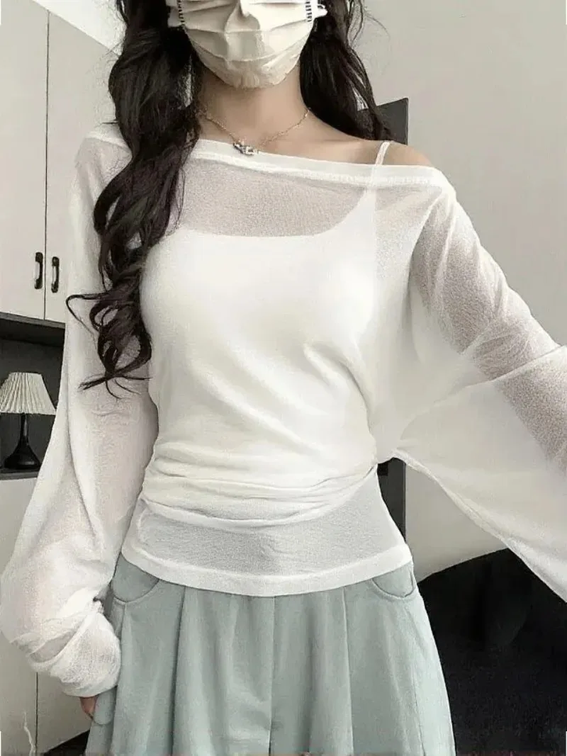 Women's Sheer Mesh Long Sleeve T-shirt Y2K Tie Back Waist Cutout Blouse Summer Casual Off Shoulder See Through Top