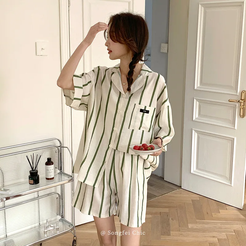 Summer Pajamas Stripe Short Sleeved Sleepwear Women\'s Pajamas Set Casual Homewear Cute Pajama Nightwear