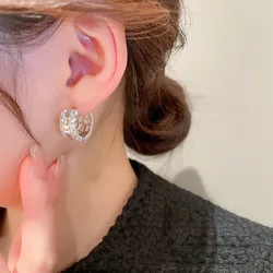 Huitan Silver Color Lady Hoop Earrings Full Cubic Zirconia Fashion Design Lady's Statement Earrings Daily Wear Everyday Jewelry