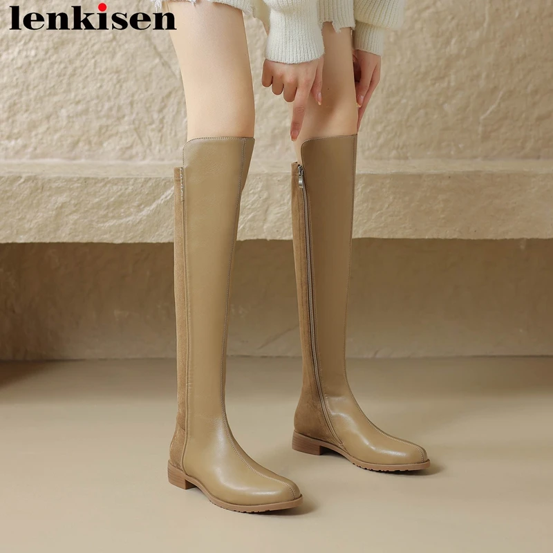 Lenkisen Big Size 42 Microfiber Flock Round Toe Winter Warm Riding Stretch Boots Office Lady Thick Heels Zipper Knee High Boots