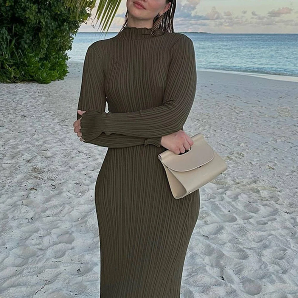 Women's European And American Style Knitted Fungus Dress Autumn Winter High Collar Slimming Long Skirt