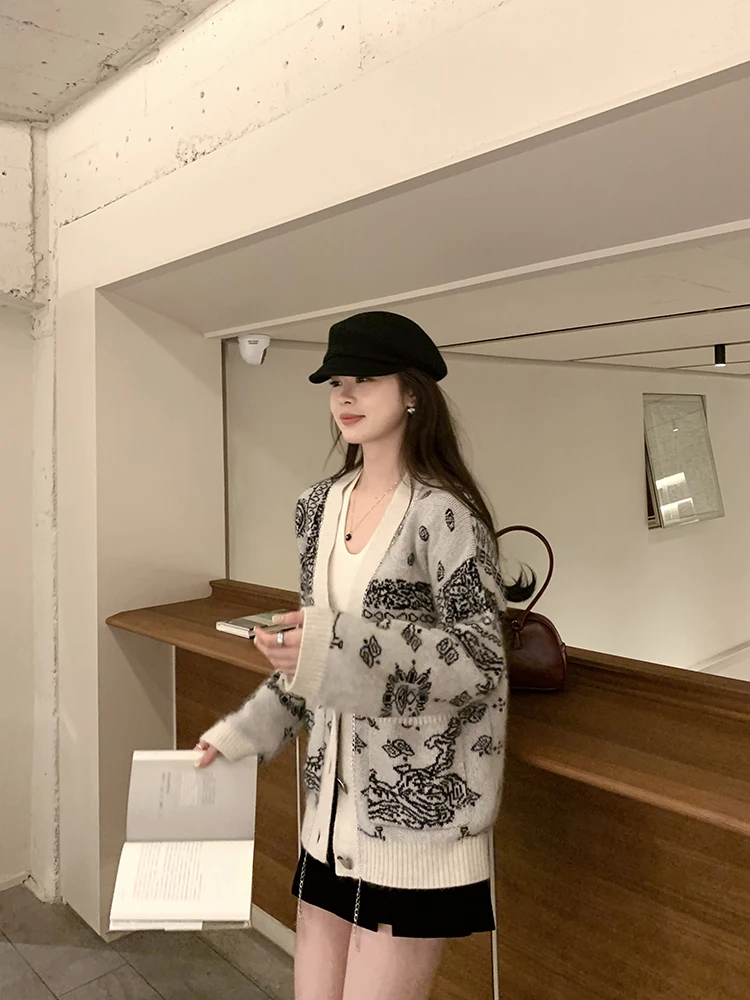 

Retro Bear Fur Knitted Open Cardigan Women's Autumn Winter V-ne Long Sve Loose Lazy Sle Outerwear Sweater 77store