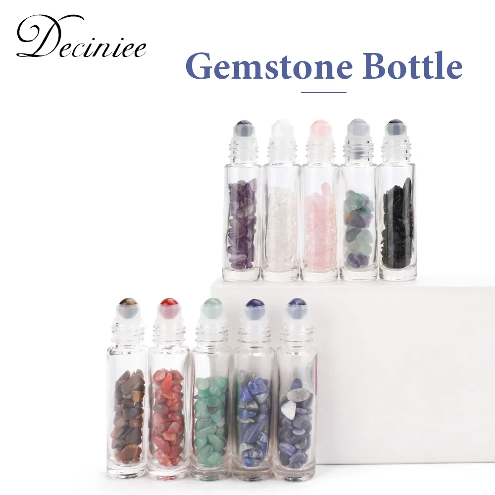 10pcs 10ml Roll On Bottles Natural Gemstone Essential Oil Roller Ball Bottles Transparent Perfumes Oil Liquid with Crystal Chips