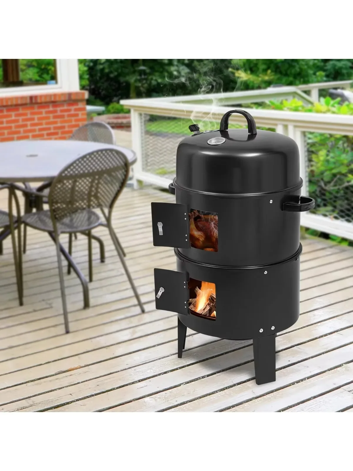 Poêle à barbecue 3 en 1, gril fumé multifonctionnel, gril d'extérieur Portable à 2 couches, pour la viande et les aliments