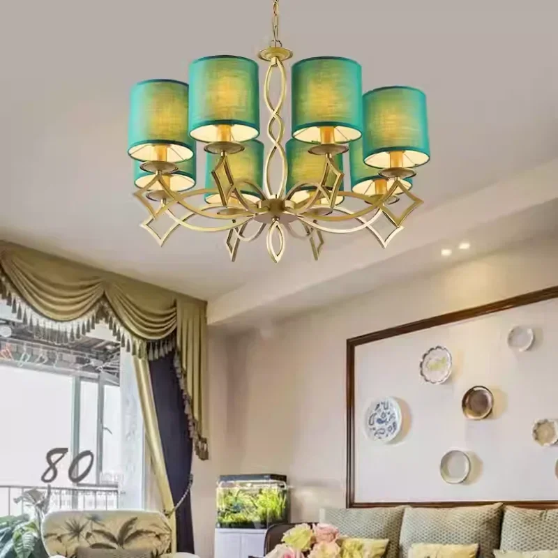 American Vintage  Chandelier Living Room Ceiling Decorative Lighting Modern Minimalist Fabric Linen Green Pandant Lamps