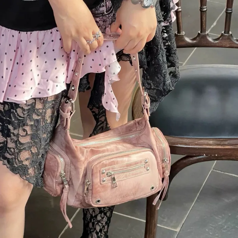Motorcycle Tote Bag Women Retro Adjustable Single  Multiple Pockets PU Leather Stitching Stitching Street Shoulder Crossbody Bag