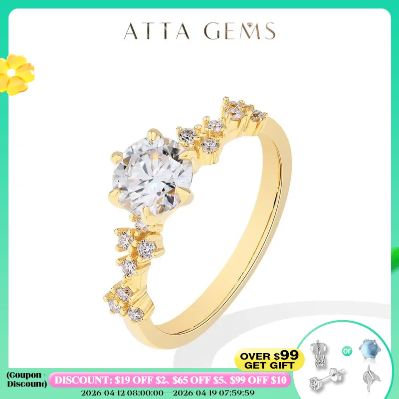 

ATTAGEMS 6,5 мм 1CT кольцо с муассанитом для женщин, роскошное свадебное украшение для невесты, рождественское ювелирное изделие, подарок, однотонное желтое золото 18 карат, 14 карат, 10 карат, проходной тест