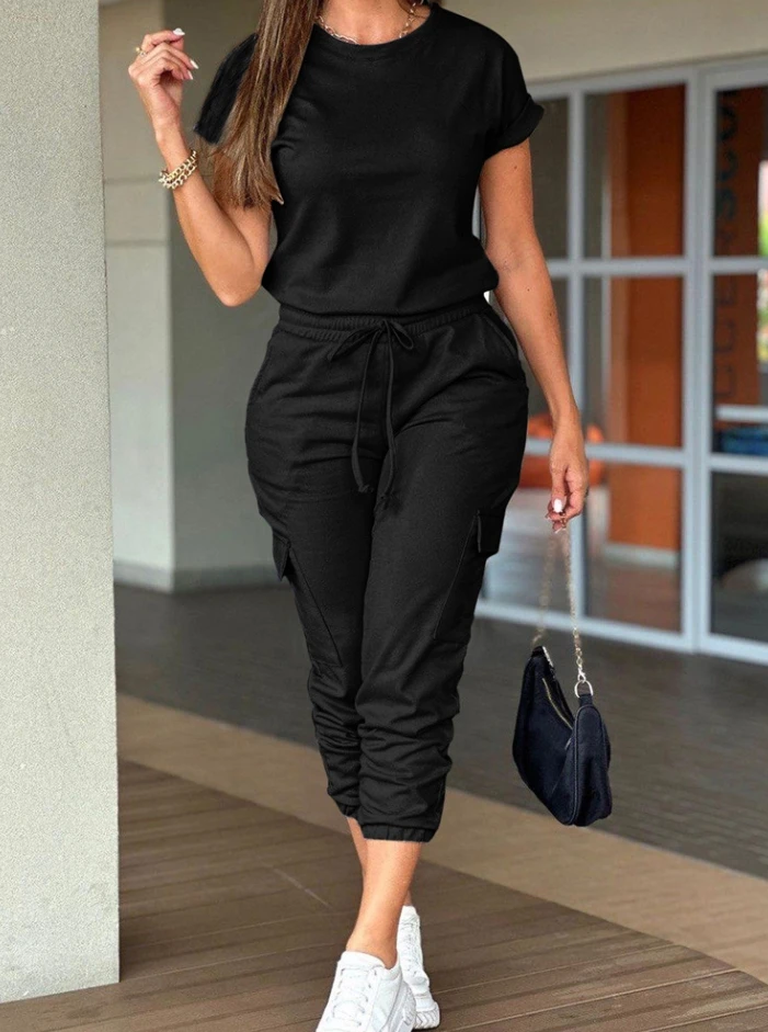 

Women's Two Piece Daily Casual Solid Color Round Neck Short Sleeved Tee Top and High Waist Cargo Pants Ankle Cropped Pants Set