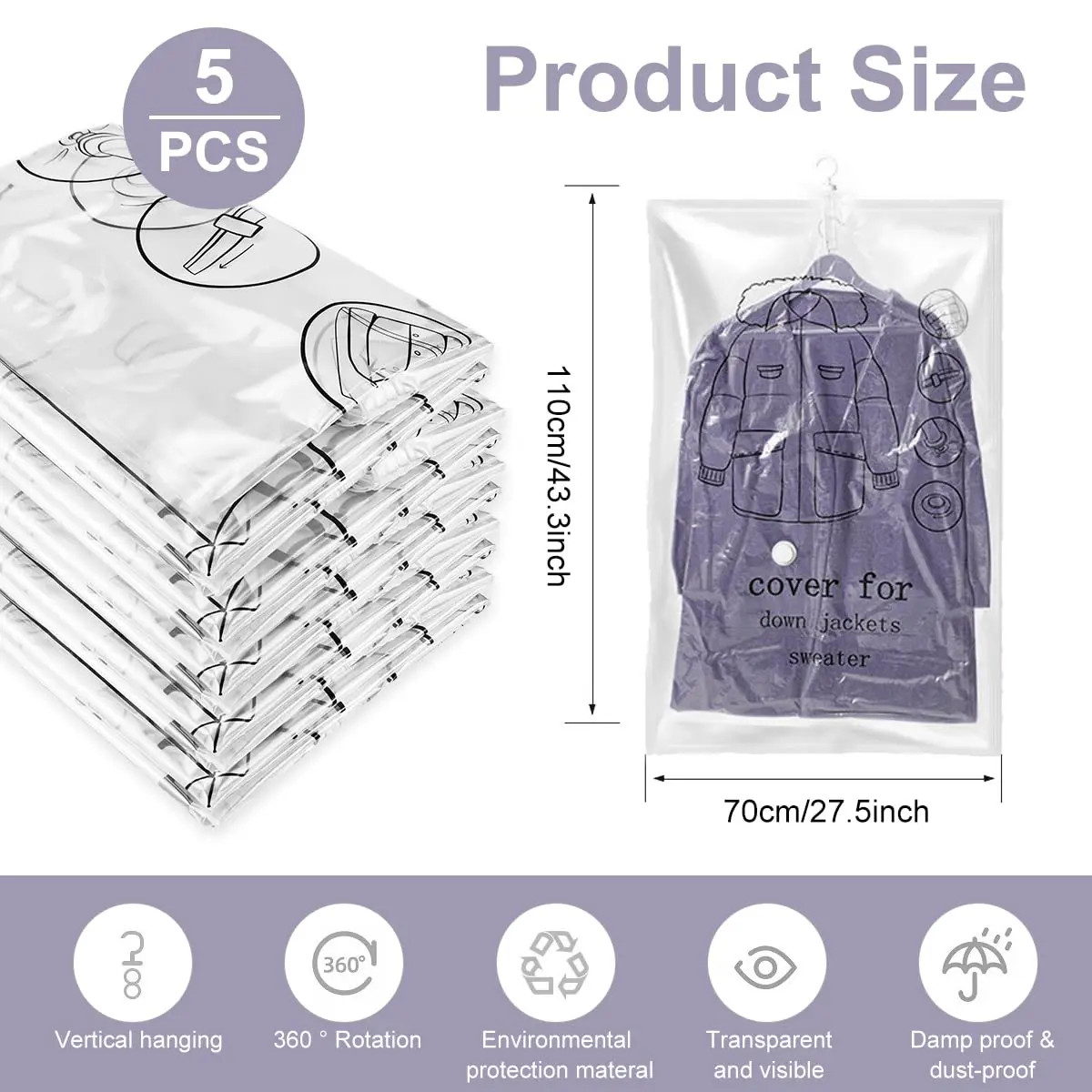 Hanging Vacuum Space Saver Bags Closet Organizer Storage Bags, Vacuum Seal Clear Bags for Clothes, Suits, Dress Or Jacke image 3