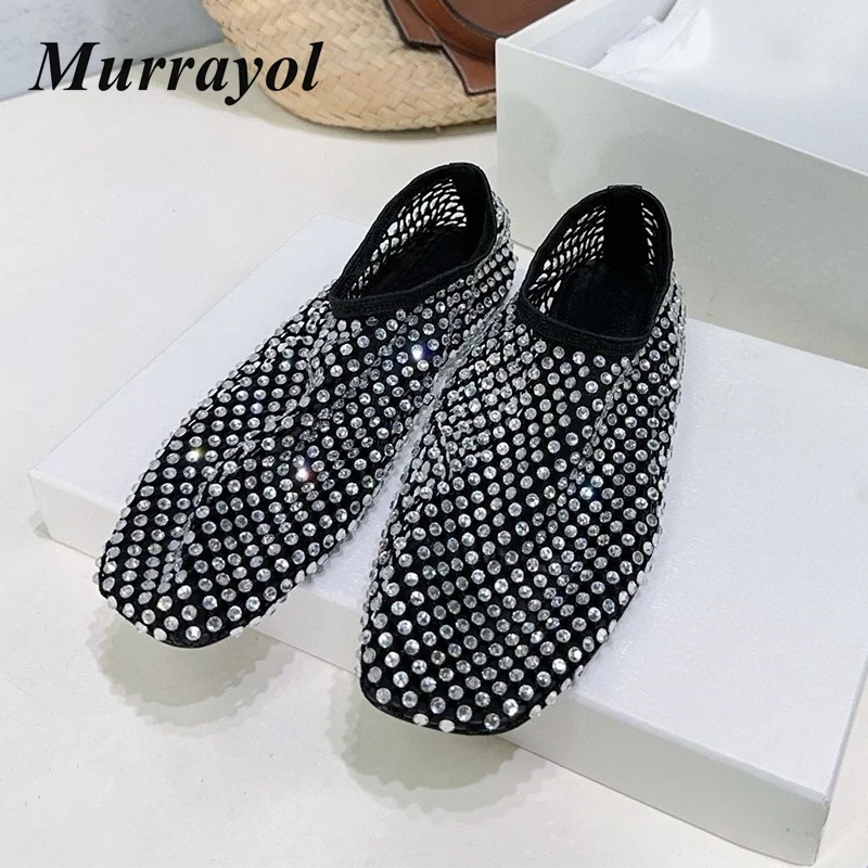 

Flat Shoes Women's Fashion Shiny Rhinestone Hollow Out Square Toe Loafers Summer Breathable Versatile Single Shoes Grandma Shoes