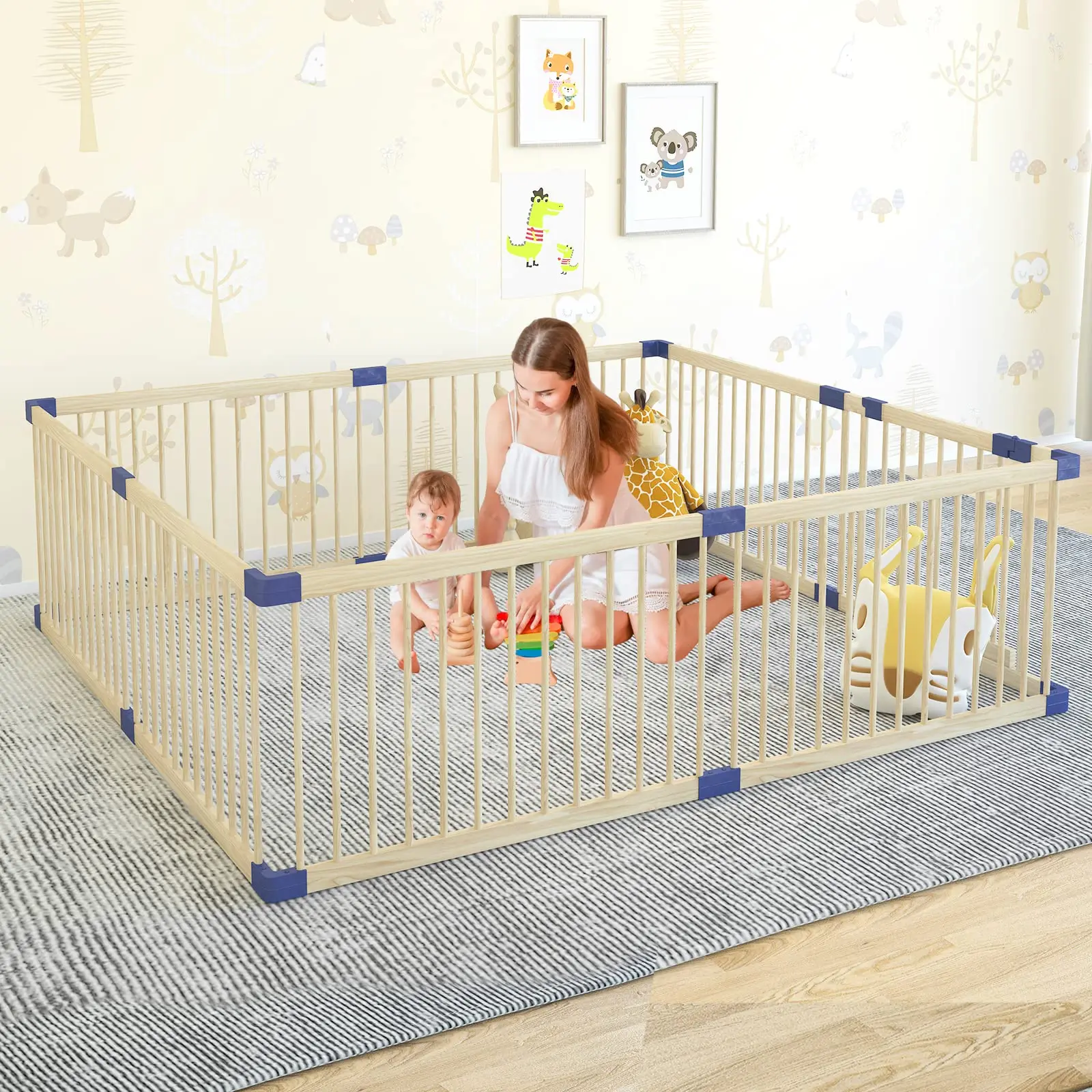 Baby Playpen Wooden Baby Playpen with Safety gate 78.7inx70.8 in Extra Large Playpen for Babies and Toddlers  Play Yards Playpen