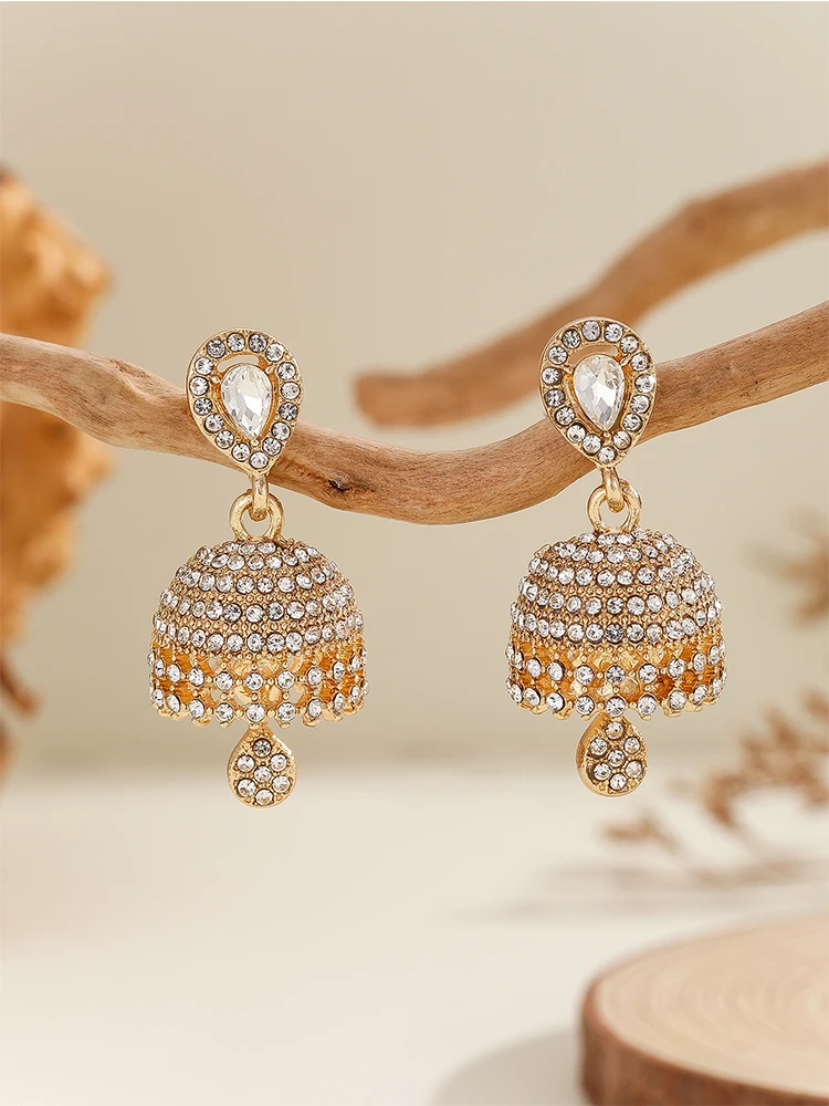 1 Pair of Fashionable Jhumka Earrings with Rhinestone Inlays, Classic Heart-Shaped Earrings, Elegant Earrings Suitable for Women and Girls for Daily Wear, Festivals, Weddings, and Parties