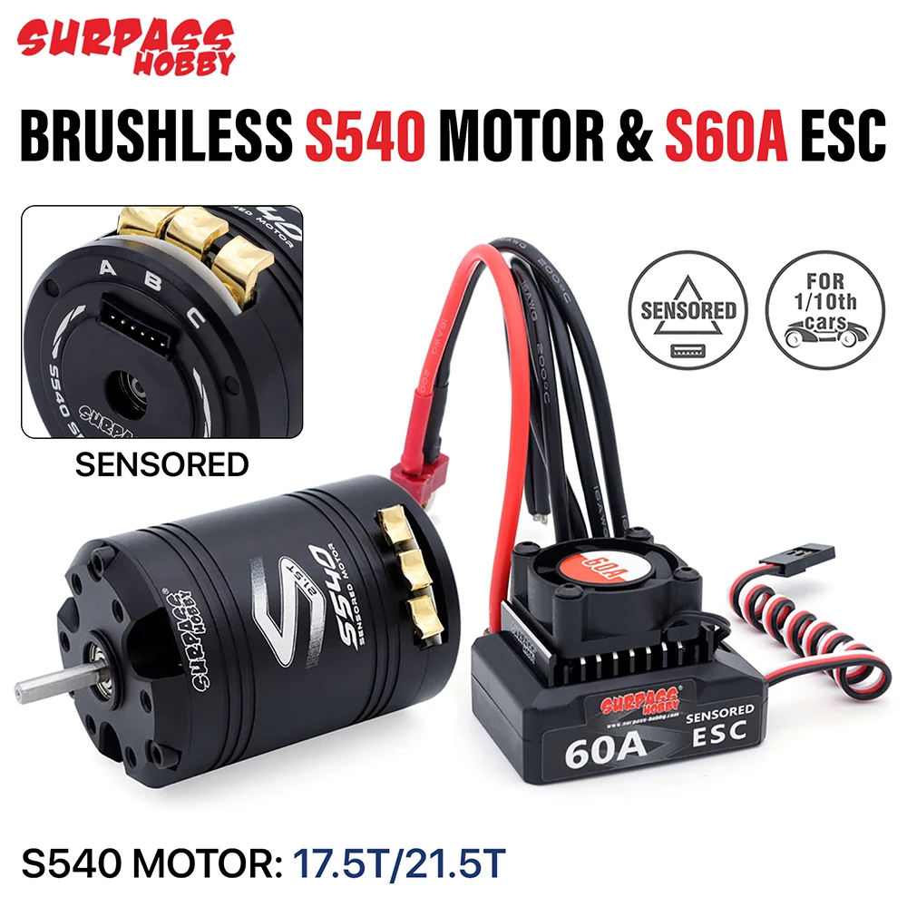 SURPASSHOBBY Brushless Motor ESC Combo Sensored S540 17.5T 21.5T Motor 60A Sensored ESC 32-bit 6V/3A BEC For 1/10 RC Cars