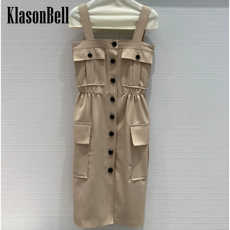 

7.11 KlasonBell Women's Holiday Casual Cargo Pocket Suspender Strapless Dress 2024 Summer New Single Breasted Midi Dress