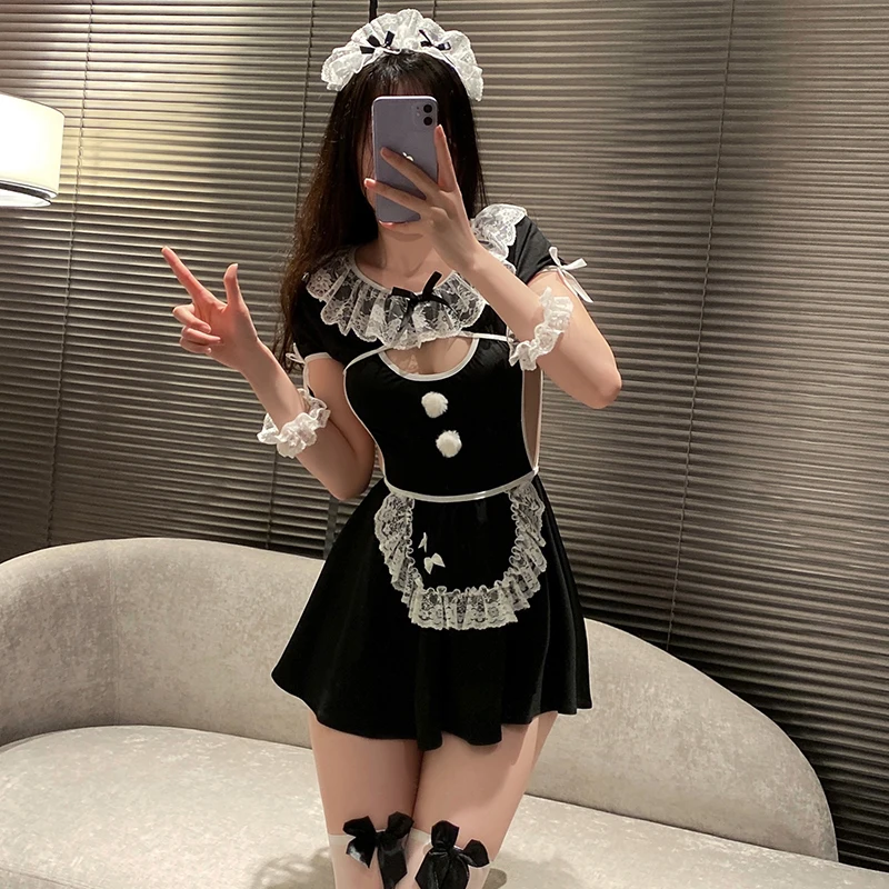 SXTHAENOO Women Sexy Lingerie Babydoll Maid Cosplay Uniform Nigehtwear Lace Hollow Out Dress Sexy Seduce Underwear Porno Clothes