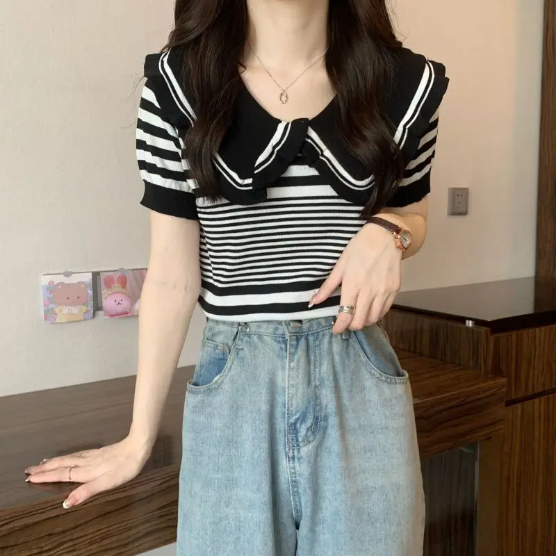 Striped Short Knitted Shirt Summer New Short Sleeve All-match Patchwork Contrast Sweet Tops Tees Vintage Fashion Women Clothing