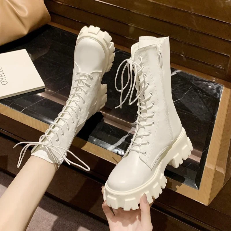 Winter Thick-soled Motorcycle Boots 2024 New Womens Lace-up Casual Design Mid-calf Boots British Style Solid Color Fashion Boots