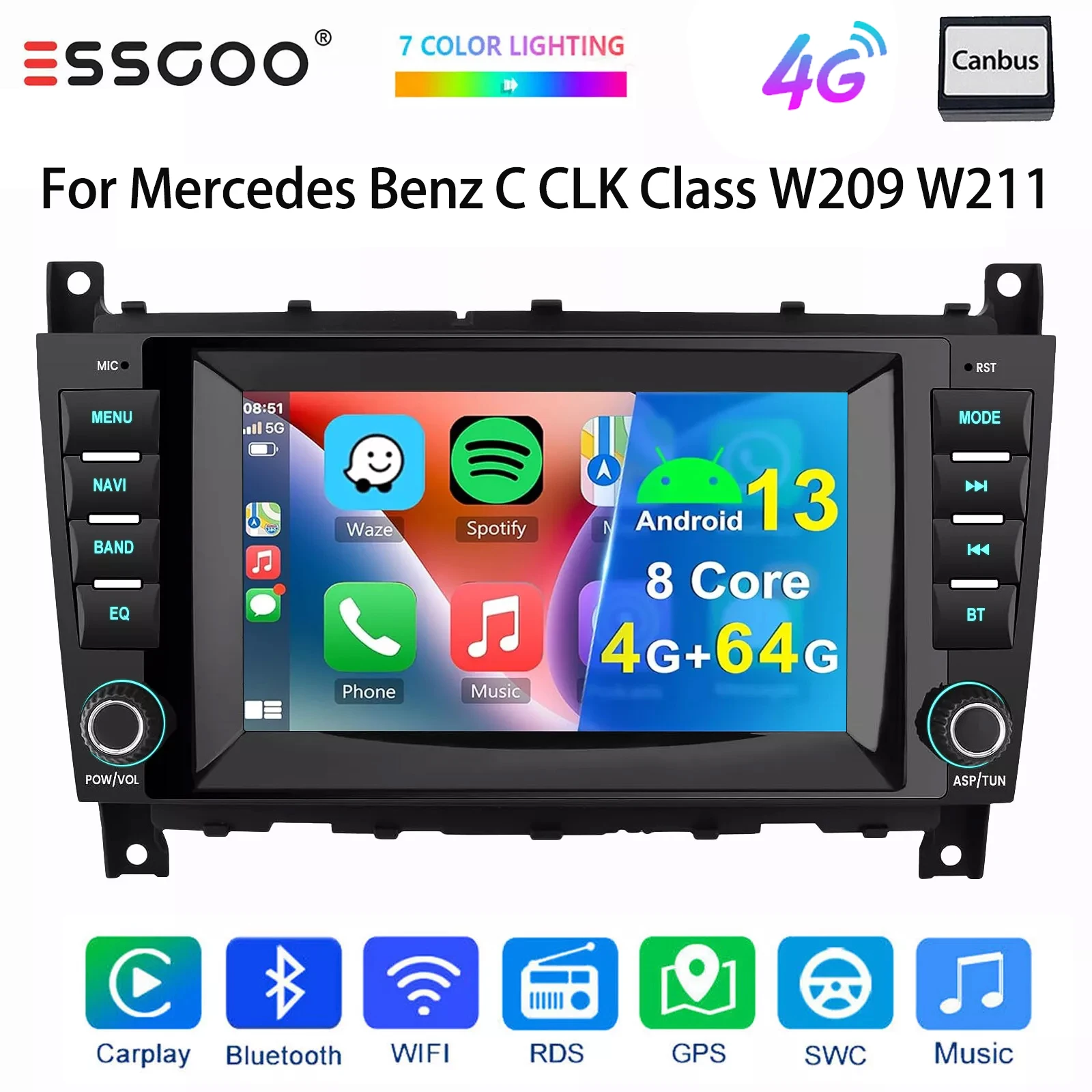 ESSGOO 2 DIN Carplay For Mercedes Benz C class W203 CLK W209 C55 AMG/Car Stereo Radio Android 13 7