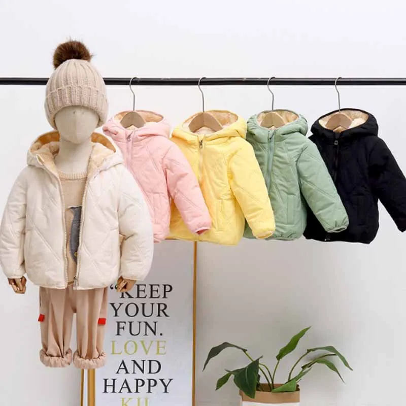 Autumn Winter Padded Children\'s Cotton Coat Boys Light Warm Short Jacket Girls Cute Solid Colour Hooded Casual Outerwear 2-6Y