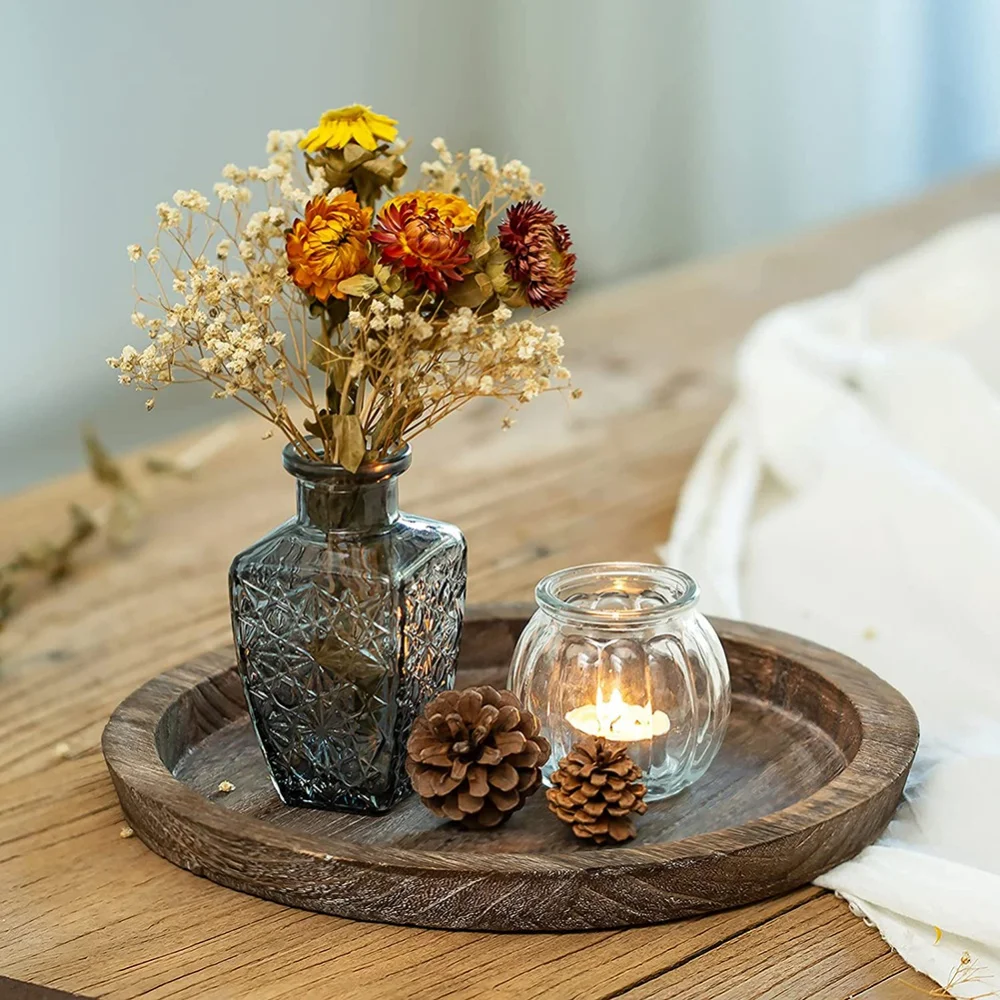 Rustic Wooden Tray Round Serving Tray Candle Holder Farmhouse Home Tabletop Decor Accessories Multi-purpose Candle Holder Tray