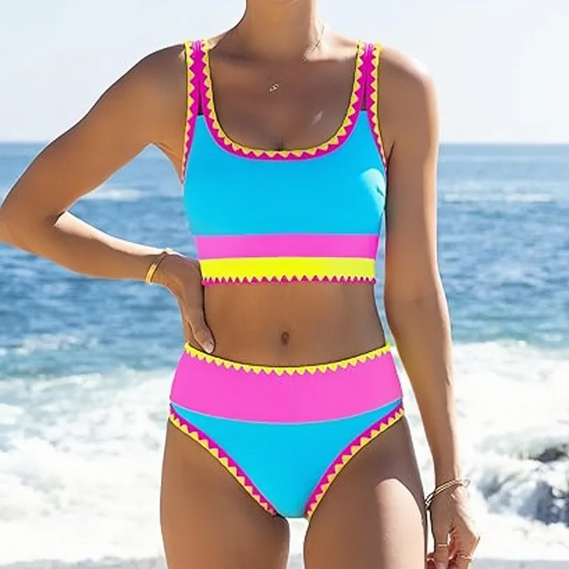 

Women High Waisted Bikini Three Piece Skirt Contrast Color Split Swimsuit Serrated Edge Vacation Style
