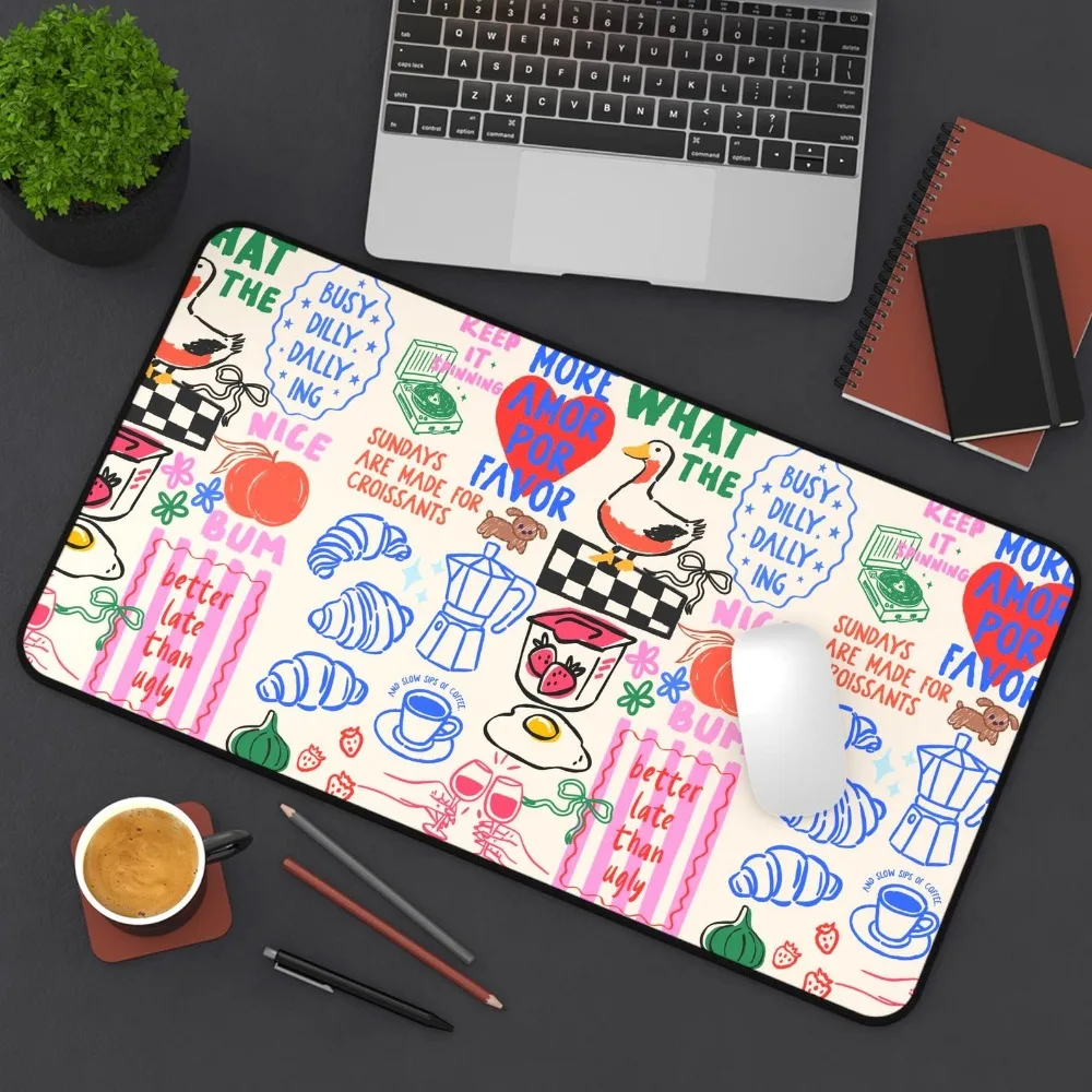 Hand Drawn Doodle Desk Mat Coffee Pastry Breakfast Goose Egg Strawberry Peach Office Decor Cute Work From Home Gaming Pad Duck