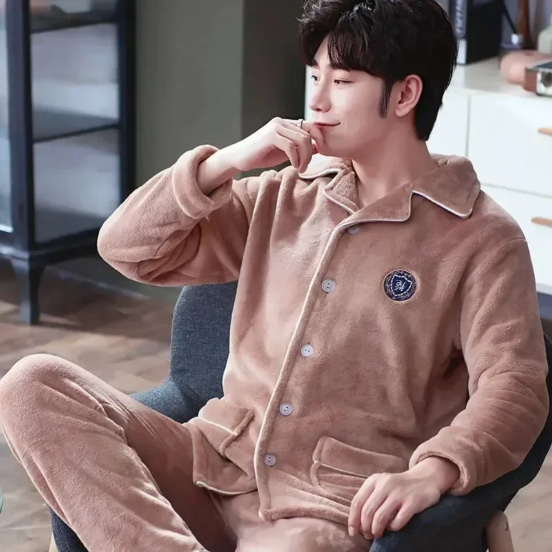 Пижамы, фланелевые флисовые зимние комплекты, мужские пижамы, бархатная домашняя одежда, плотная мужская теплая милая одежда