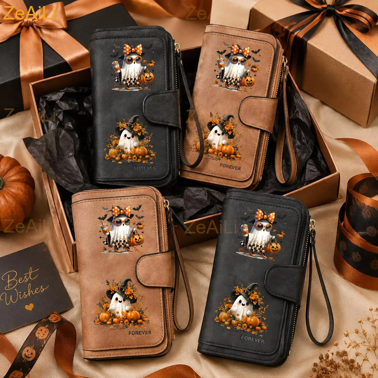 Halloween Ghost Pumpkin Wreath Surrounding Women's Long Wallet Features Multiple Card Slots A Coin Pocket Pouch Perfect Gift