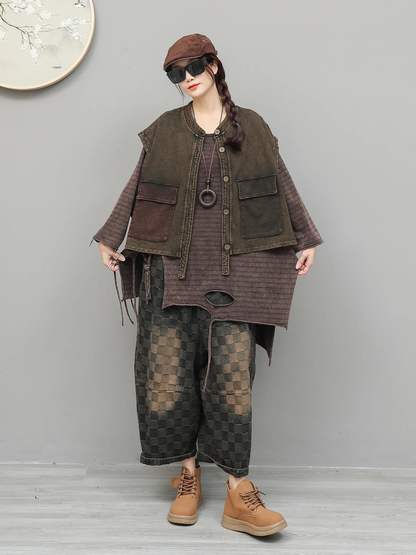 Retro Color Blocking Distressed Contrasting Pocket Short Vest Plaid Denim Harem Pants Two-piece Set Women's Spring Casual Suit