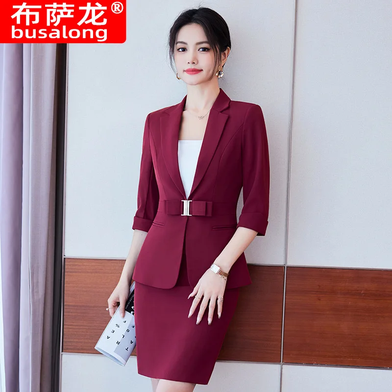 

2024Spring Summer Autumn New Three-Quarter Sleeve Purplish Red Professional Small Suit Collar Coat Women's Skirt Two-Piece Suit