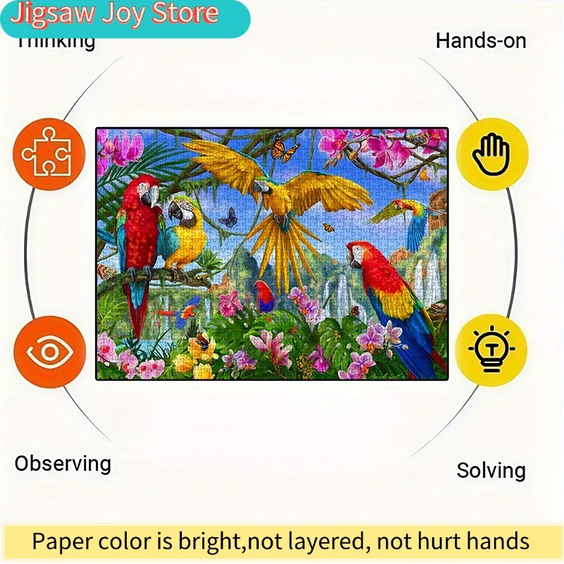 1000pcs DIY Paper Puzzle, Tropical Rainforest Parrot & Waterfall Orchid Jigsaw Puzzles, High-Quality White Card Material, Suit