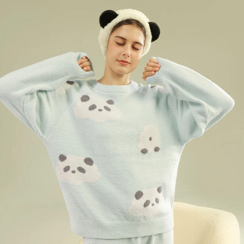 SUJIIN Women\'s Cute Pajamas Sets Autumn Winter Panda Graphic Sleepwear for Women Men Couple Nightwear Suit Home Clothes SH001