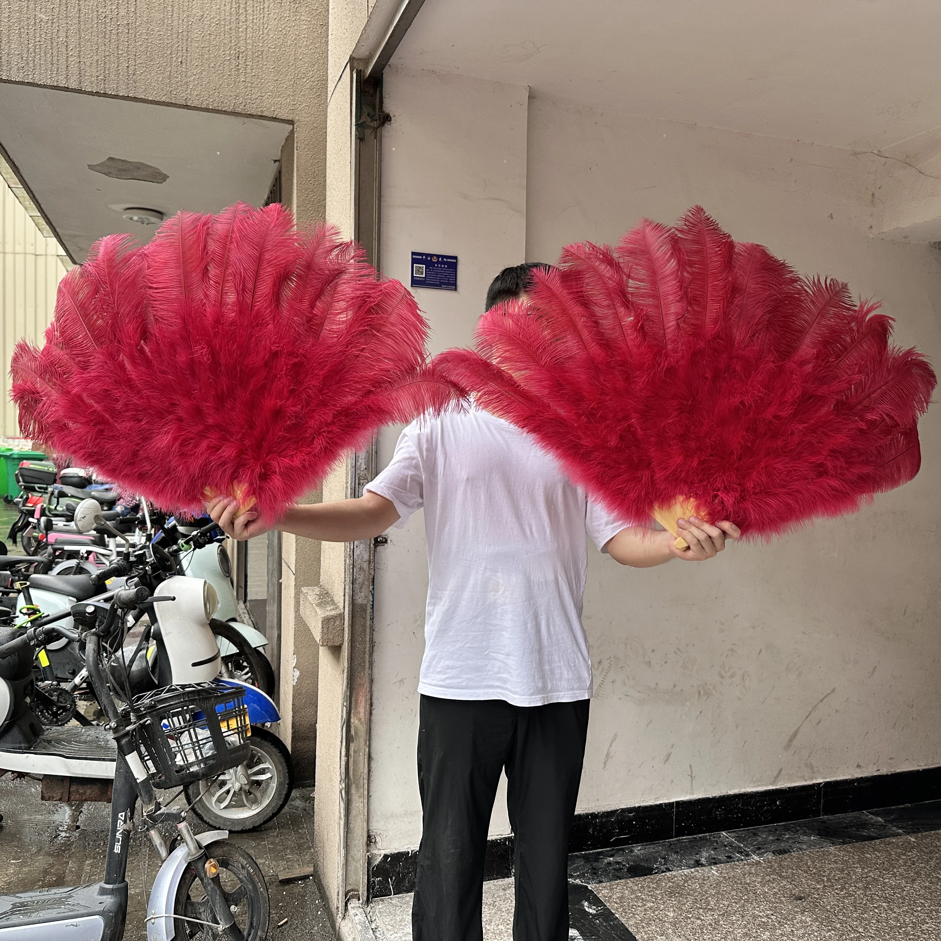 Big Wine Red Ostrich Feather Dance Fans 70CM/100CM Foldable Hand Held Plume Fan Wedding Carnival Party Belly Dancer Accessories