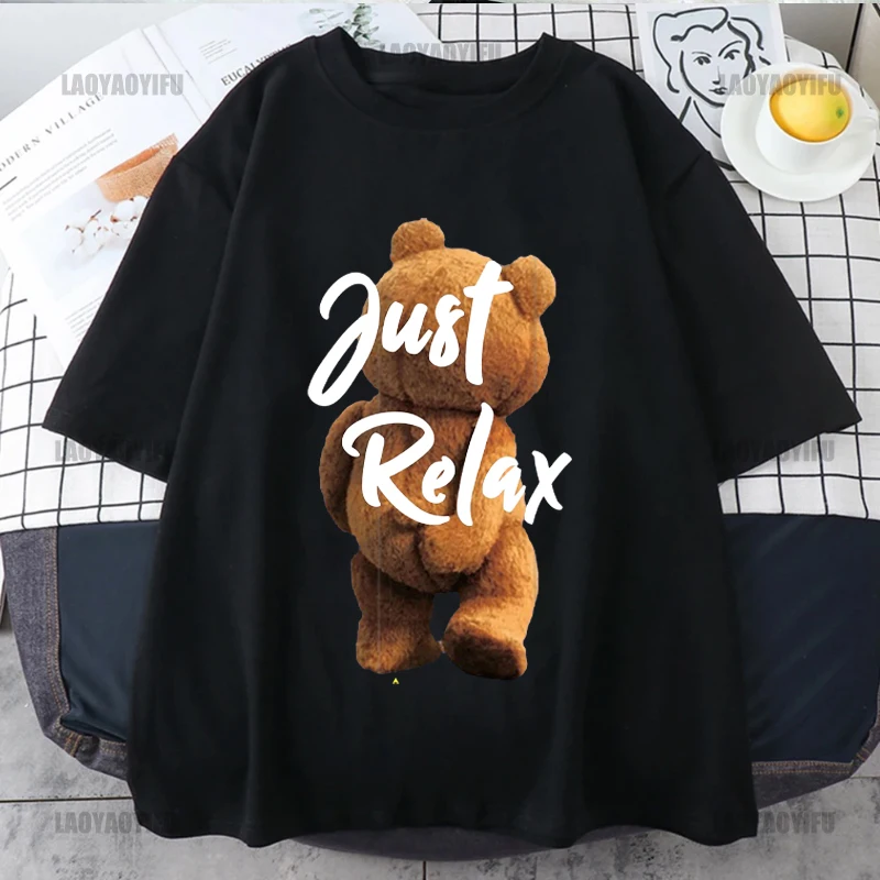 

JUST RELAX KAWAII BEAR Printing Shirt Summer Casual Men's T-Shirt Street Fashion Short Sleeve Clothing Streetwear Cotton