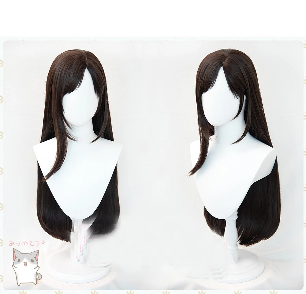 Final Fantasy FF7 Wigs Tifa Lockhart Wig Brown Straight Side Parting Styled Synthetic Hair Cosplay Wig + Wig Cap