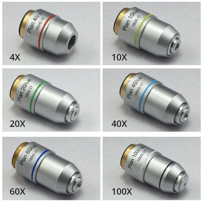 Biological Microscope Plan Achromatic Objective Lens 195mm Universal ACH Objective 4x 10x 20x 40x 60x 100x