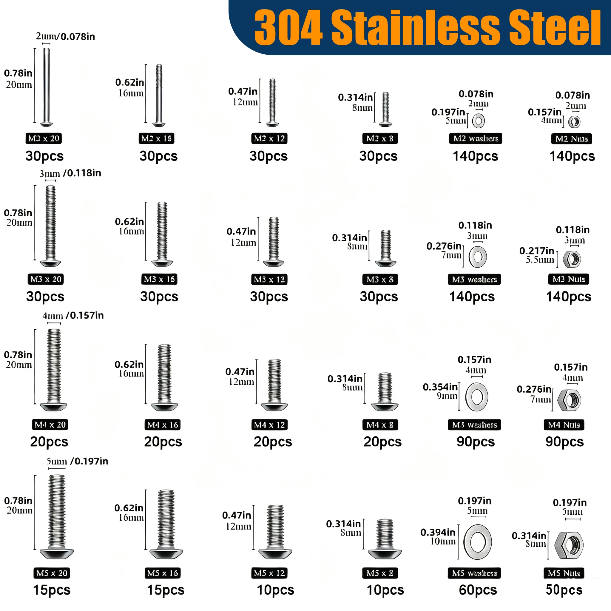 1220Pcs 304 Stainless Steel Hex Button Head Socket Cap Screws Bolts Nuts Washers Assortment Kit, M2 M3 M4 M5 Metric Fasteners Set With Storage Box