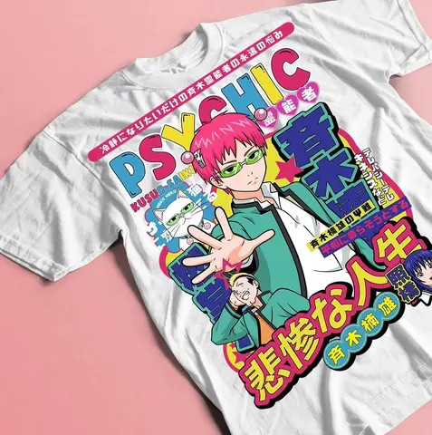 2026 summer Trend Comedy Anime T-shirt Psyhic Saiki Kusuo Colorful Japanese Text Graphic Oversized Cotton Tee For Otaku Fans