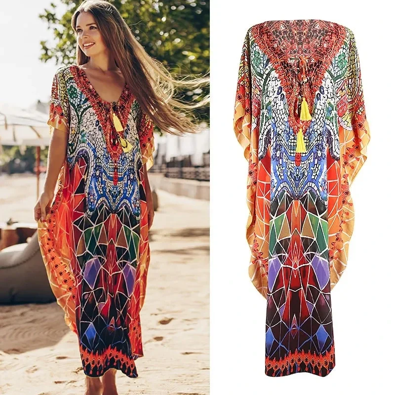 57061611 New Colorful Geometric Block Robe Holiday Loose Plus Size Beach Dress Long Skirt Bikini Swimwear Cover Up