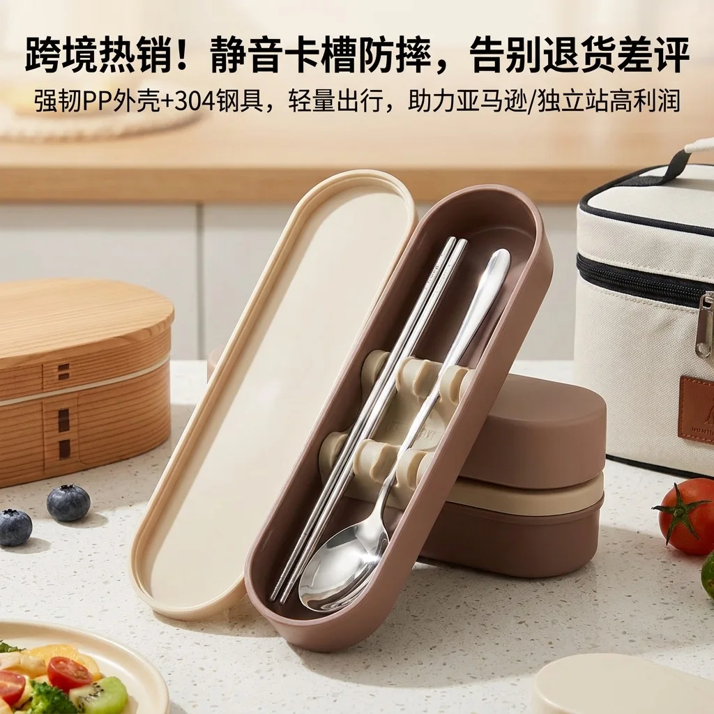Student Office Worker Tableware Set Stainless Steel Spoon and Chopsticks Silent Portable Tableware with Storage Box