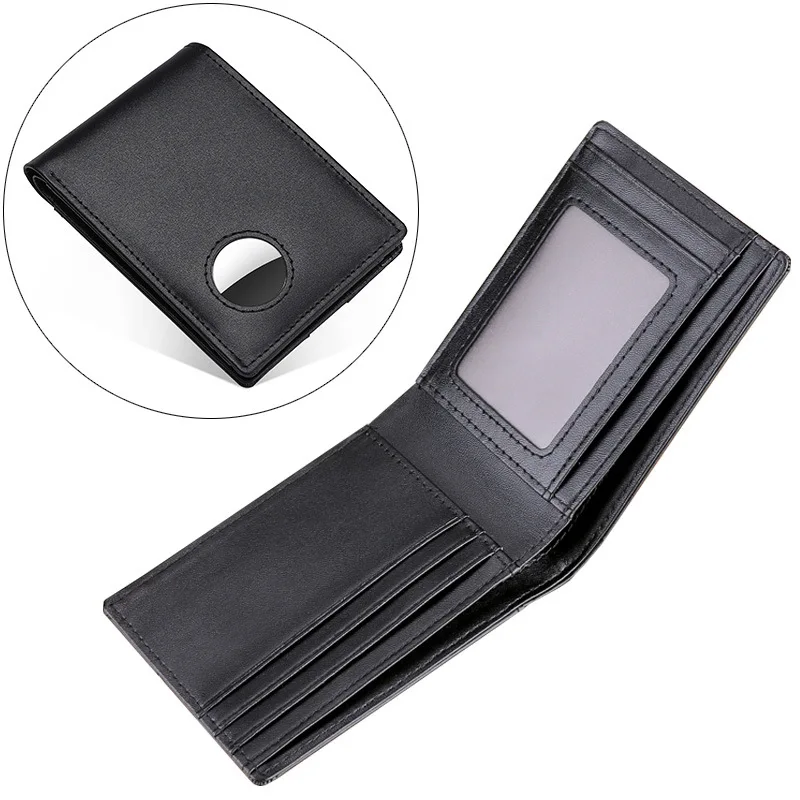 For Airtags Business Genuine Cow Leather Men Thin Wallet RFID Blocking Credit Bank Card Holder with ID Window Male Purse Black