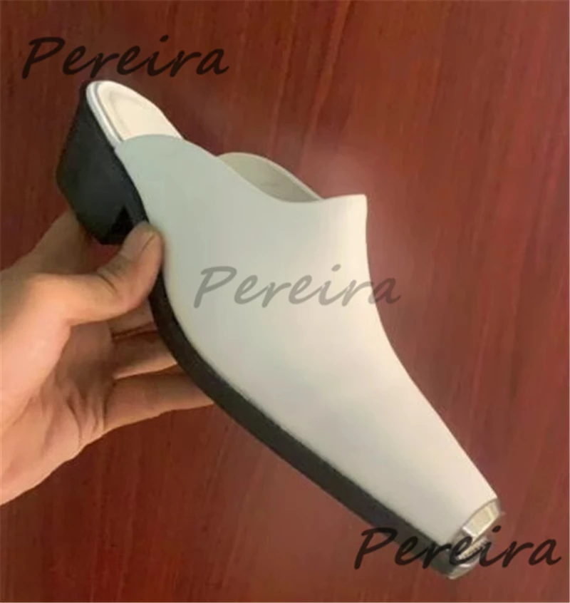 

Metal Square Toe Half Slippers British Style Trendy White Genuine Leather Mules Summer New Comfortable Breathable Casual Shoes