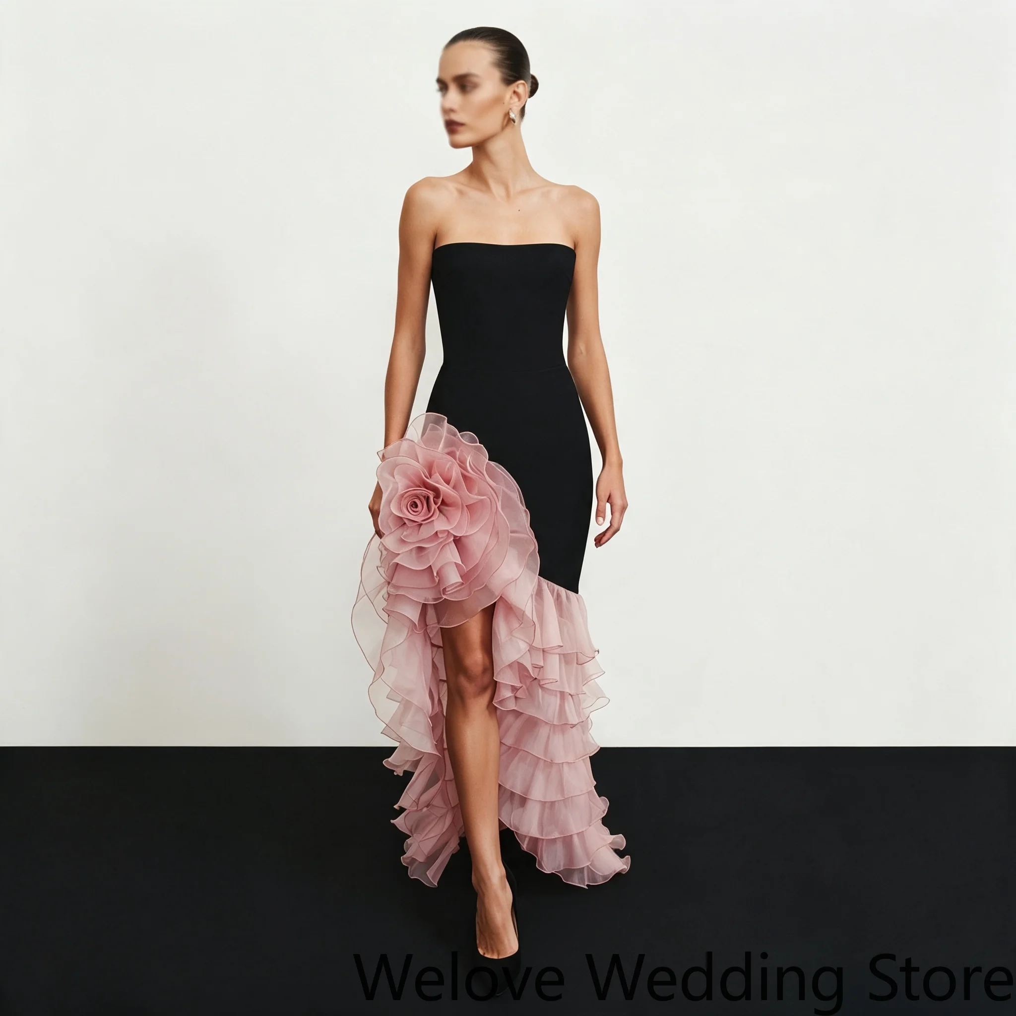 Floor-Length Evening Dress Strapless Slim Fit Bodice Handmade 3D Organza Flower Accent Asymmetric Tiered Ruffle High Low Hem